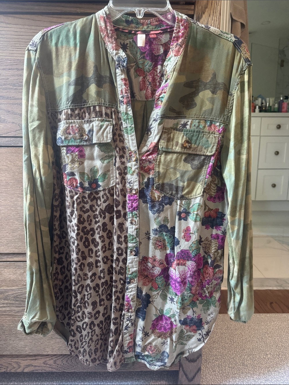 Anthropologie Floral & Camo Mixed-Print Button-Down Shirt — Green, Pink, Brown